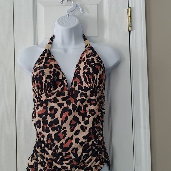 Brown Leopard  print   one piece bathing suit  swimsuit Sz L - Picture 3 of 6